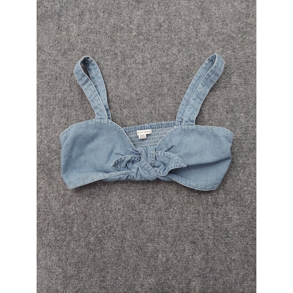 American Eagle Denim Halter Crop Medium Blue Bow‎ Chambray Tie Smocked Bralette